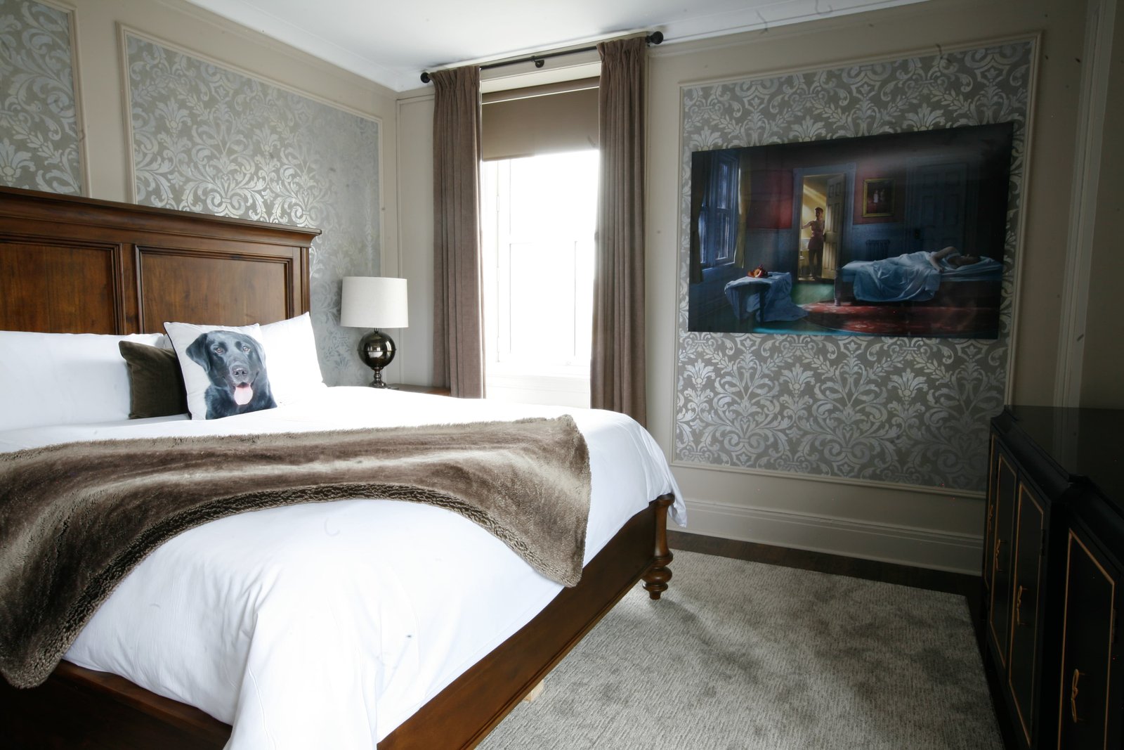 Bedroom with damask wallpaper interior design — Parishi Design Studio Toronto